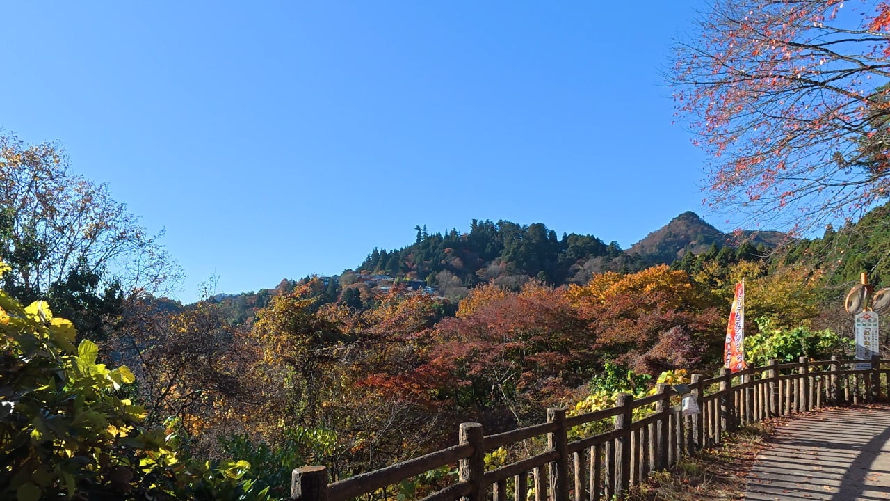 武蔵御嶽神社の参道から見た、御師集落と奥宮
