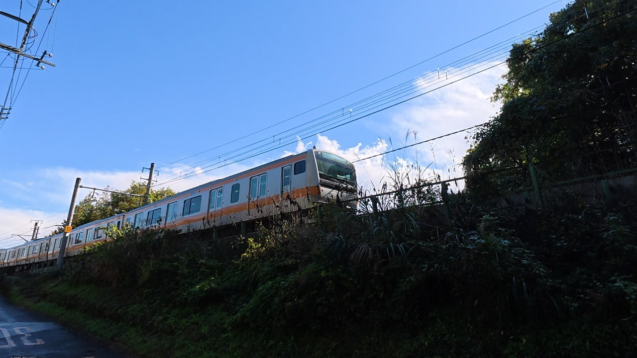 大悲願寺に向かう途中、武蔵五日市行きの電車に追い越される。